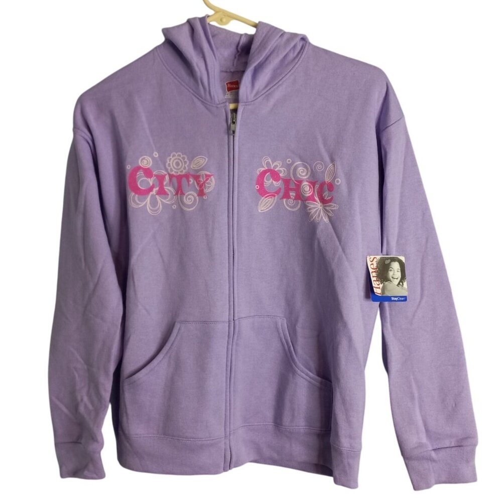 Hanes Size M 7 8 Girls Hoodie Zip Up Lilac Medium CITY GIRL Glitter Graphic NEW